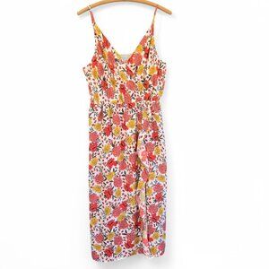 LOFT Floral Midi Dress Faux Wrap Ruffle Adjustable Straps Elastic Waist Large